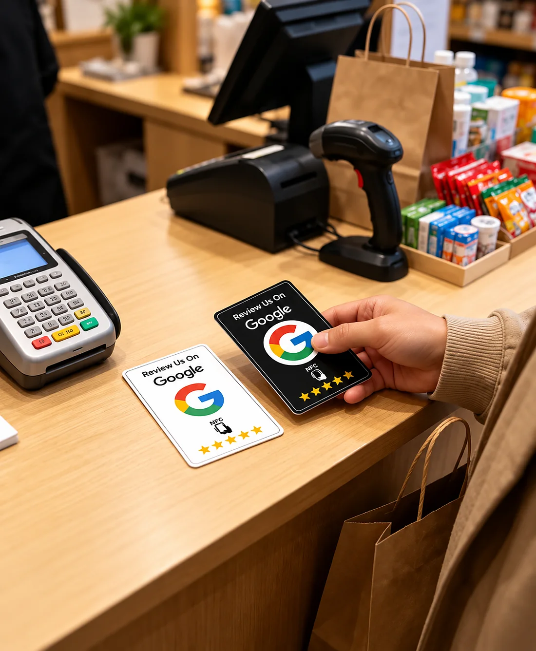 Tarjeta NFC de reseñas en el mostrador de un negocio