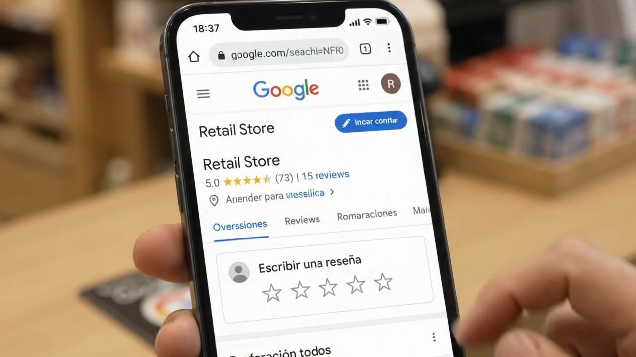 Fotograma del vídeo: tarjeta NFC de reseñas en un mostrador